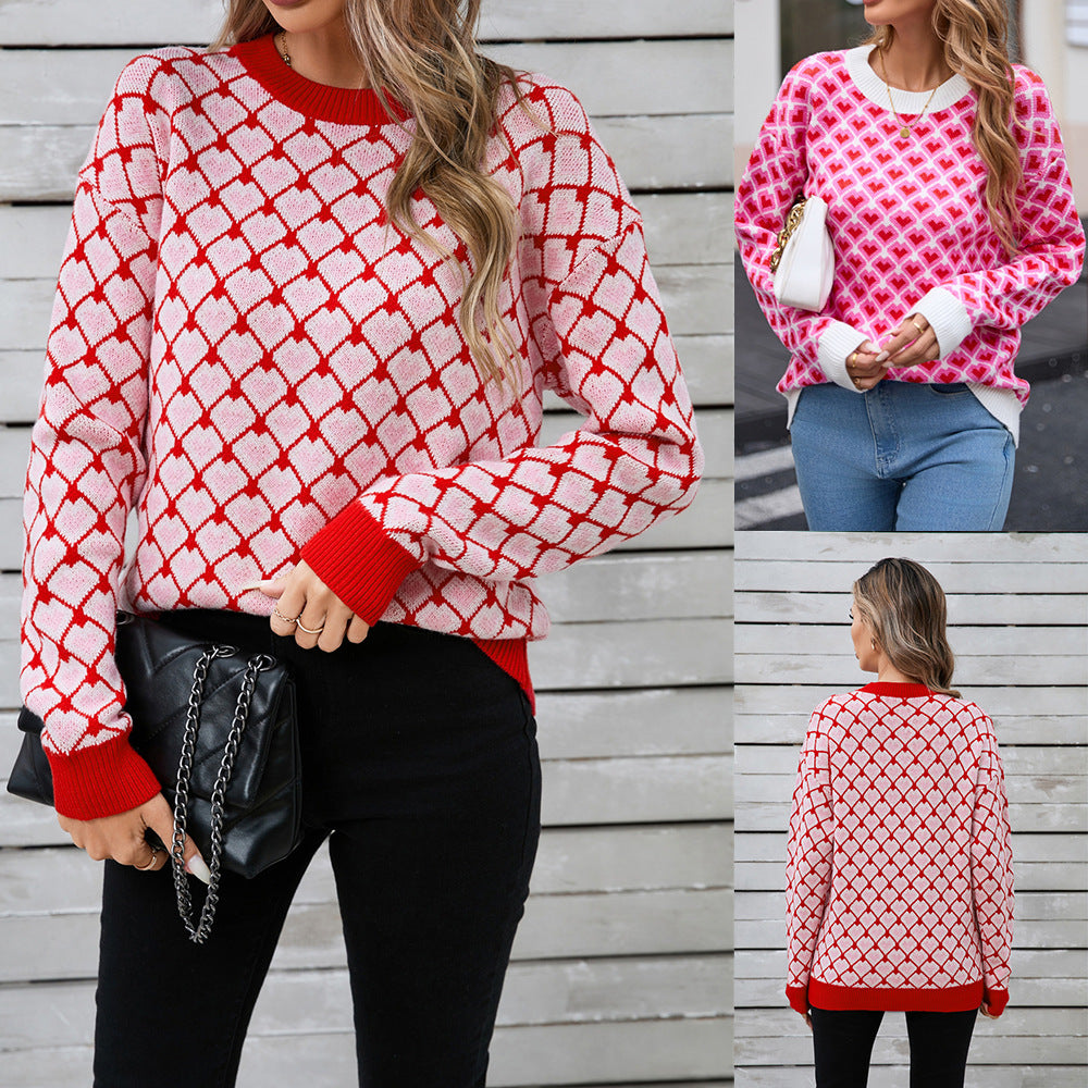Women's Spring Valentine's Day Round Neck Pullover Small Peach Heart Sweaters