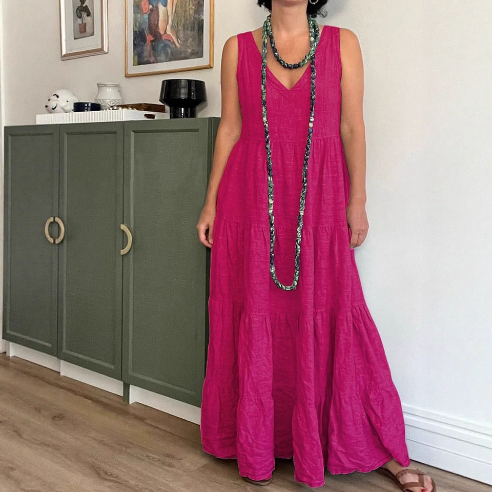 Women's Summer Solid Color Loose Cotton Linen Sleeveless Dress