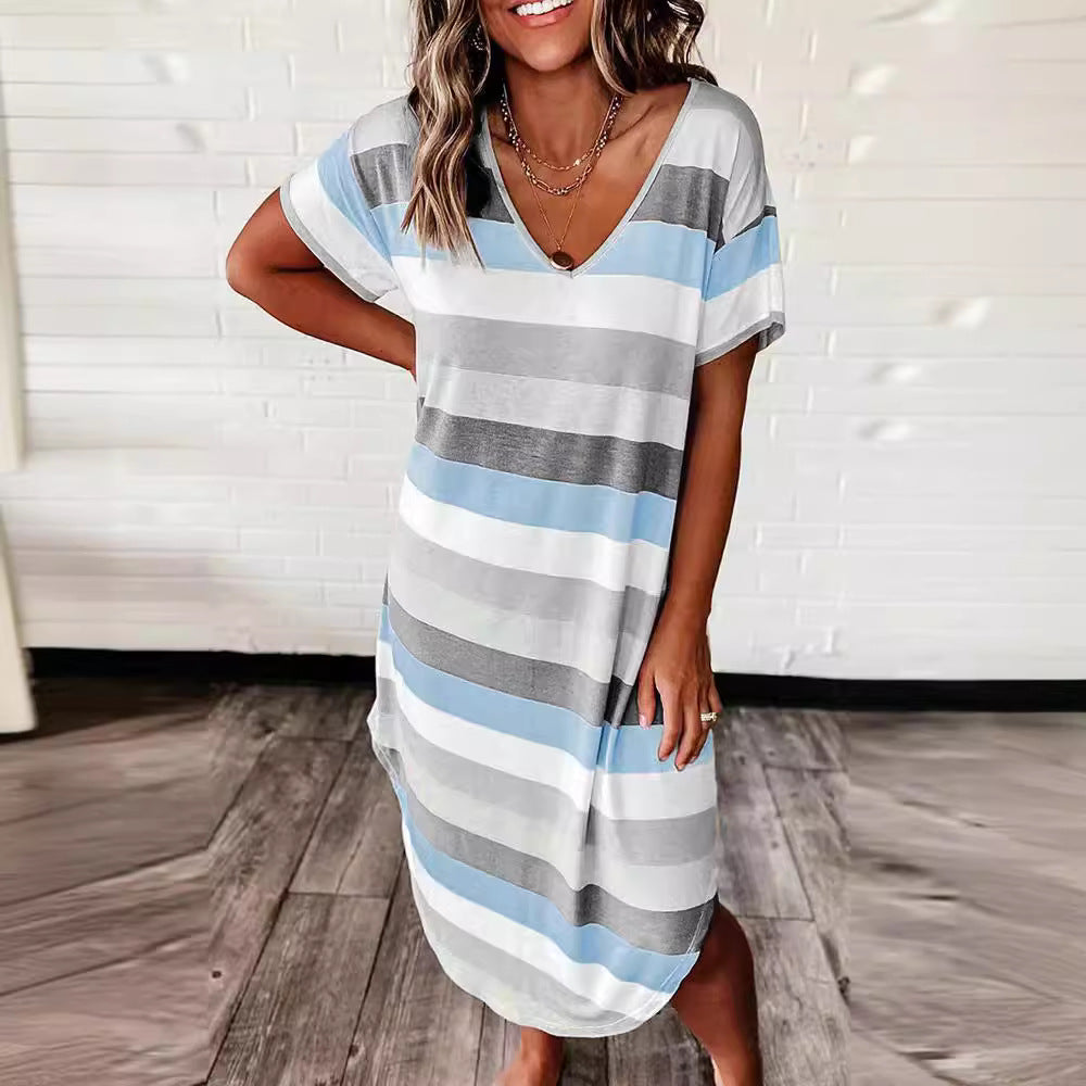Women's Summer Loose Striped Printed Sleeve Long Dress