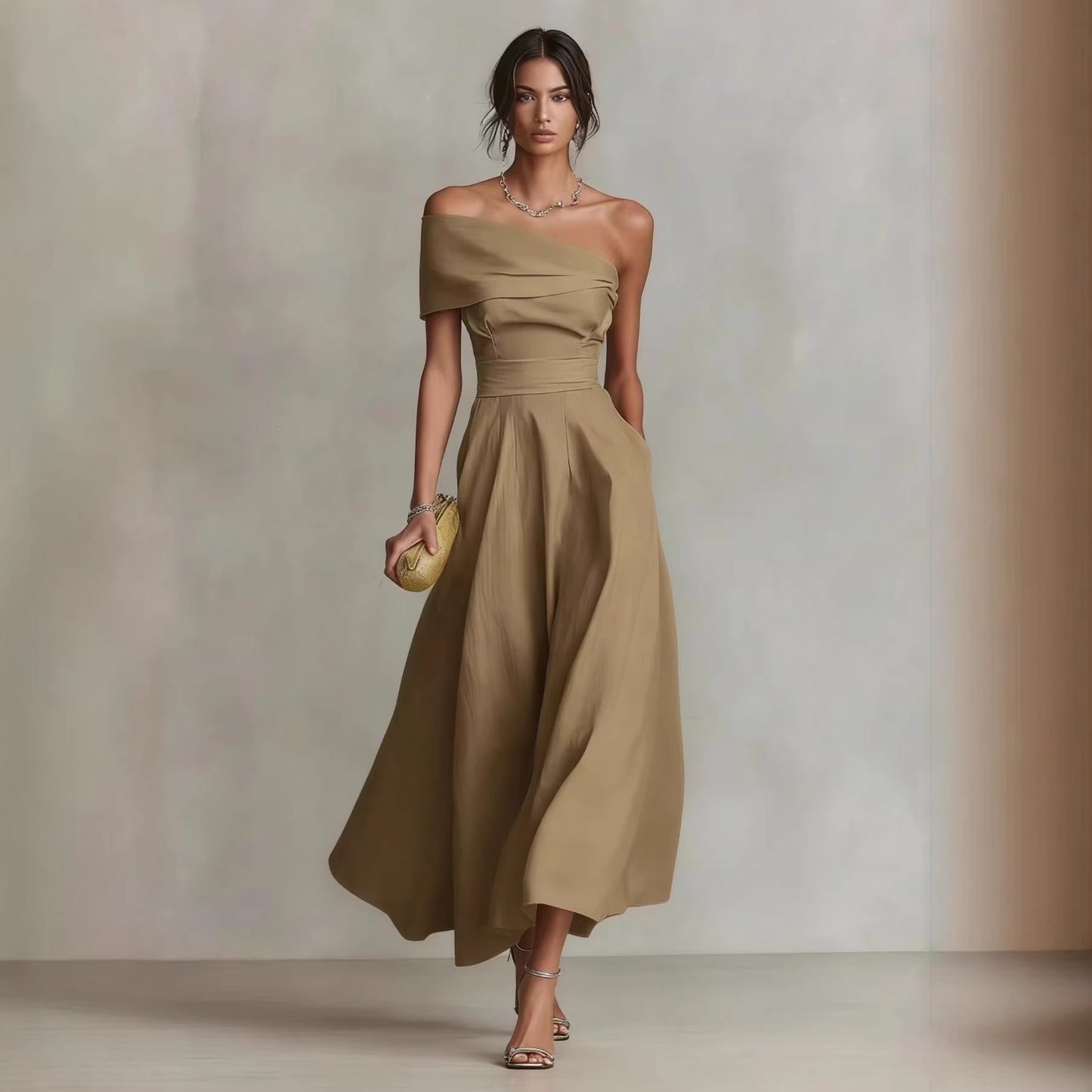 Women's Solid Color Waist Tight Slant Shoulder Collar Backless Dress