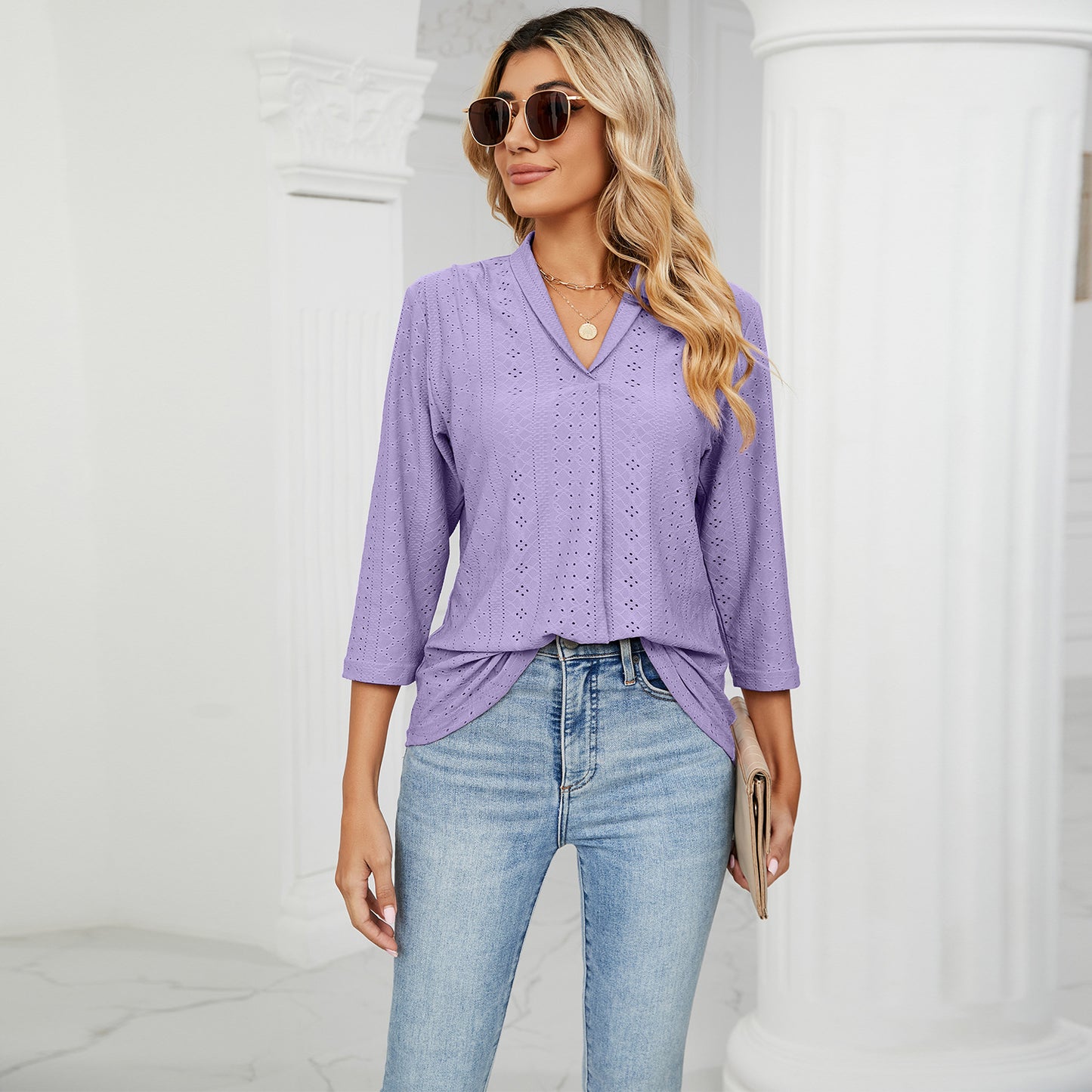 Women's Autumn Jacquard Loose-fitting Lapel T-shirt Blouses