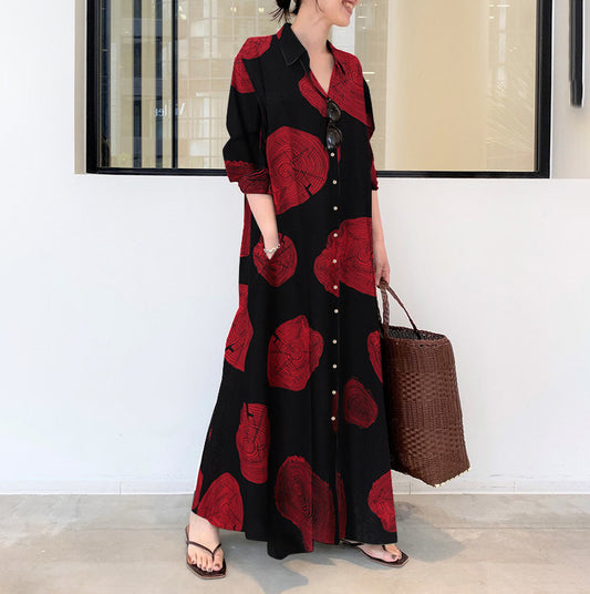 Muslim Cotton Linen Printing Lapel Long Sleeve Simple Dresses