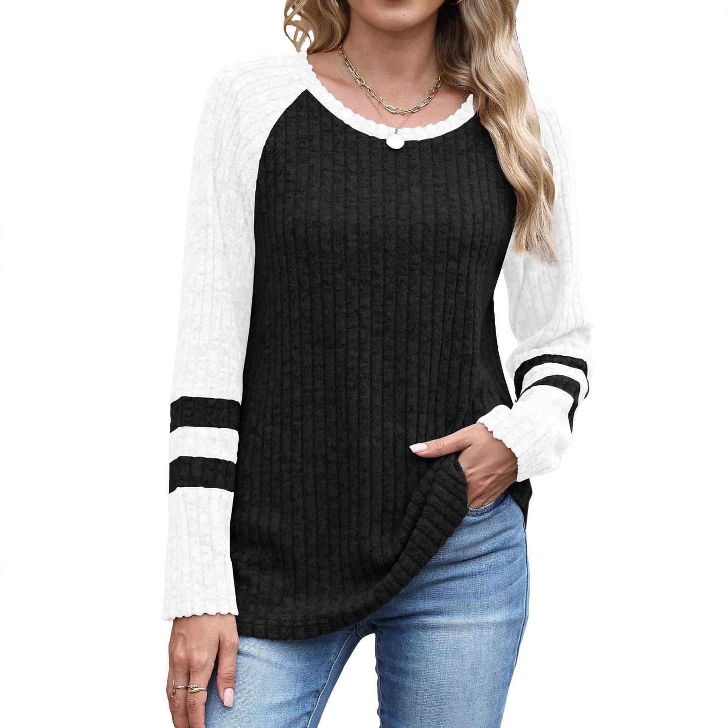 Women's Autumn Fashion Long Sleeve Contrast Color Round Neck Bottoming Sweater