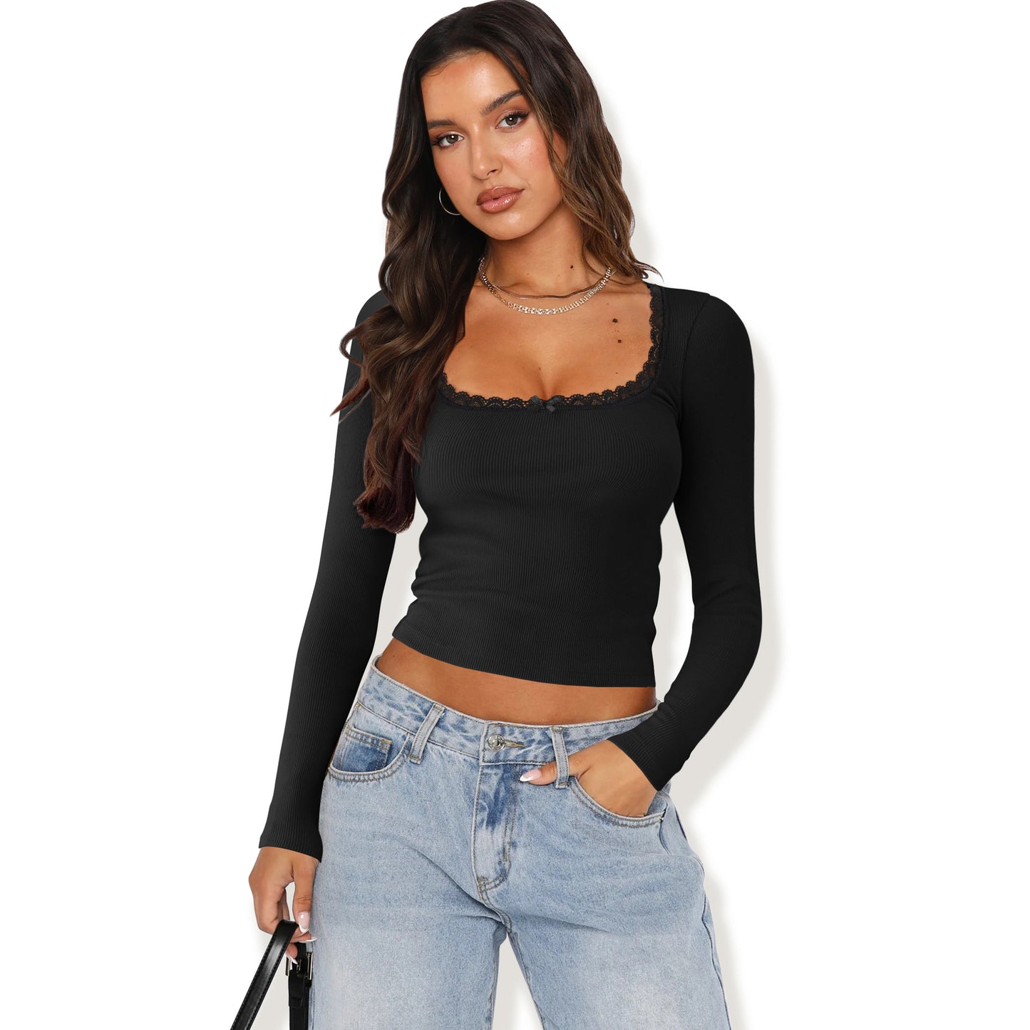 Women's Long-sleeved T-shirt Fashion Slimming Slim Lace Stitching Blouses