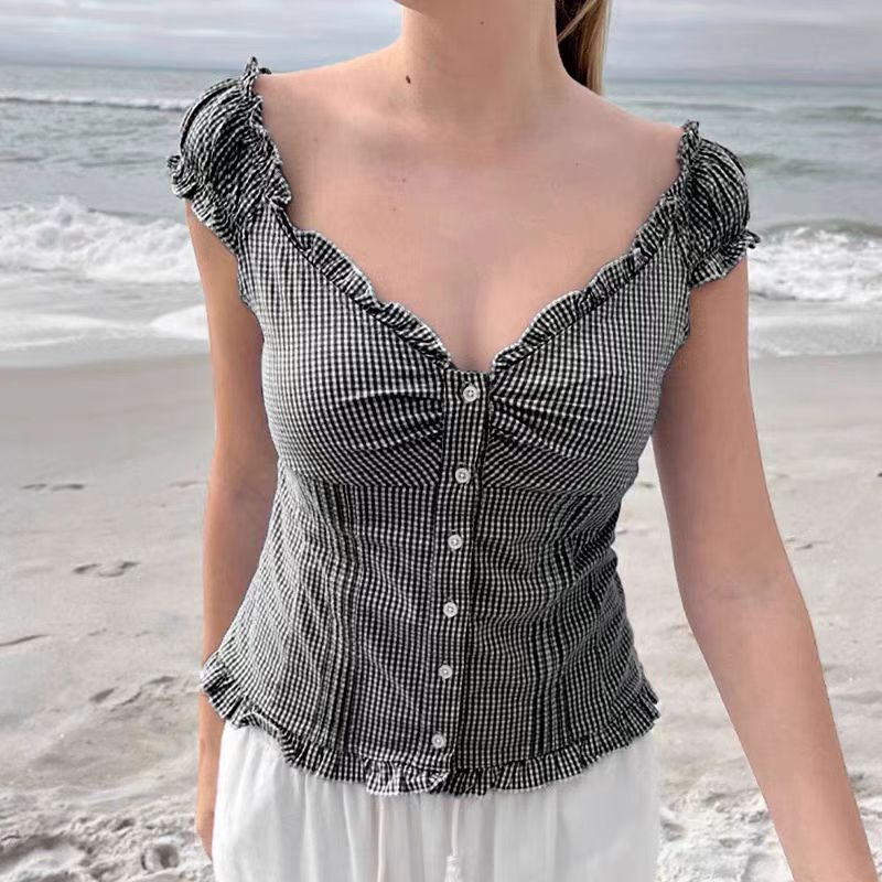 Pleated Hanging Shoulder Button Folding Lace Blouses
