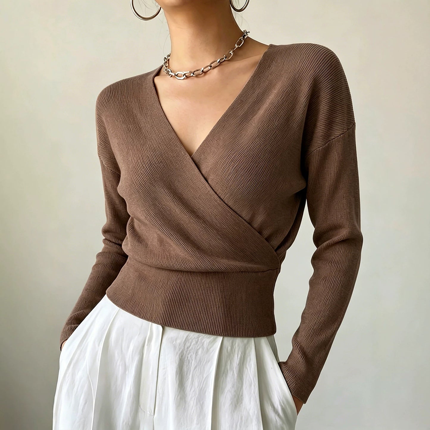 Women's Sleeve Solid Color Fashion Cross Collar Tight Waist Women's Sweater