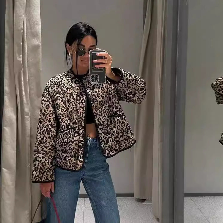 Women's Leopard Print Round Neck Cotton Jackets