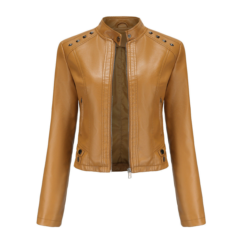 Women's Rivet Leather Long-sleeved Stand Collar Fashion Jackets