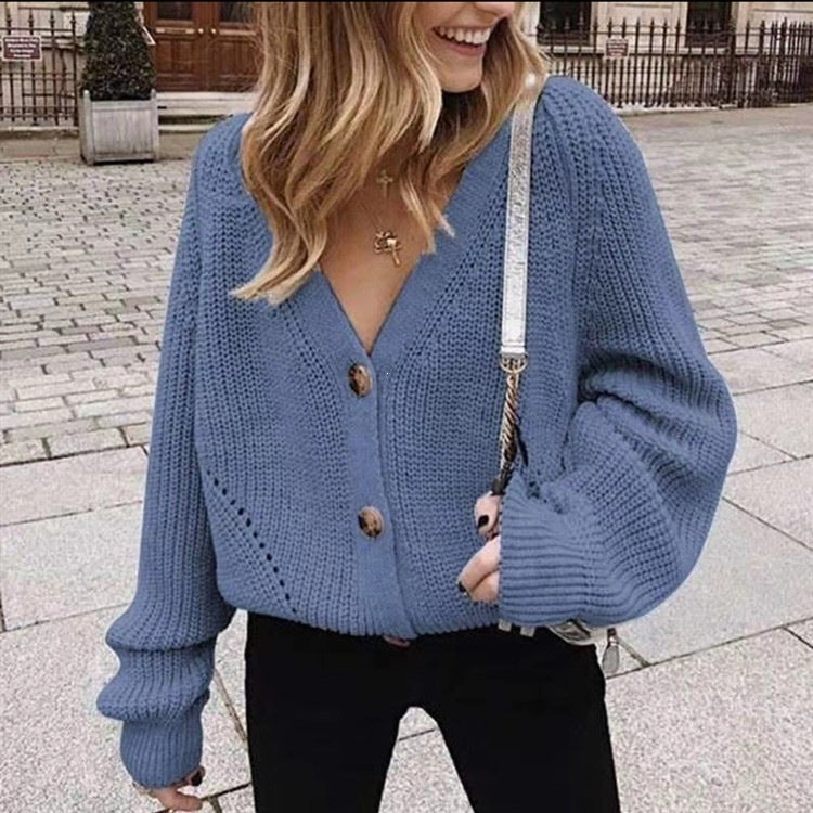Women's Large Lantern Sleeve Solid Color Knitted Sweater