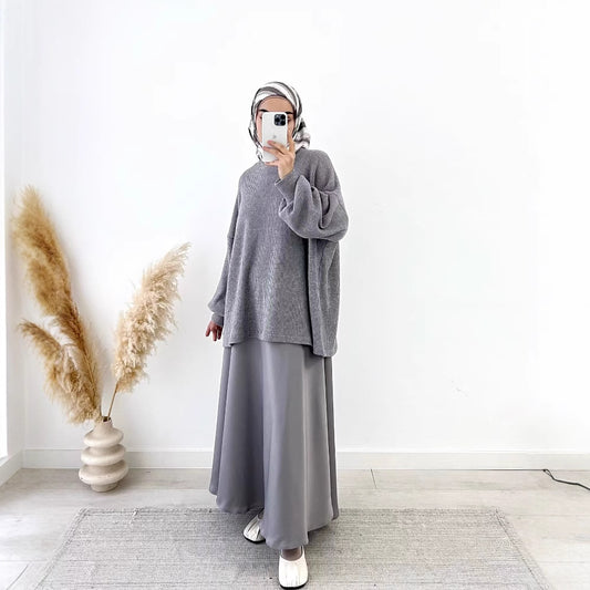 Women's Pullover Knitted Large Swing Mid-length Dress Set Suits