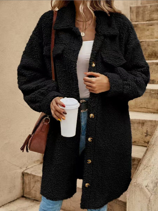 Women's Winter Buckle Lapel Plush Loose Temperament Coats