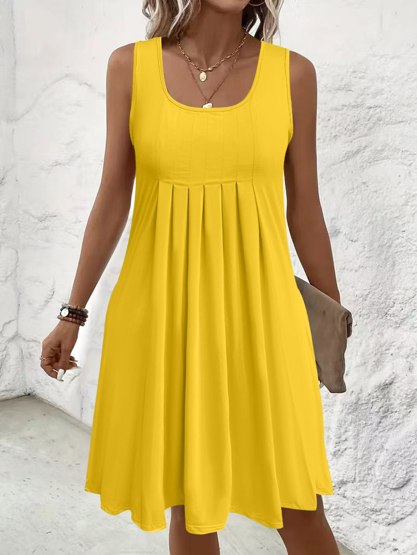 Women's Large Summer Solid Color Pleated Design Casual Sleeveless Dress