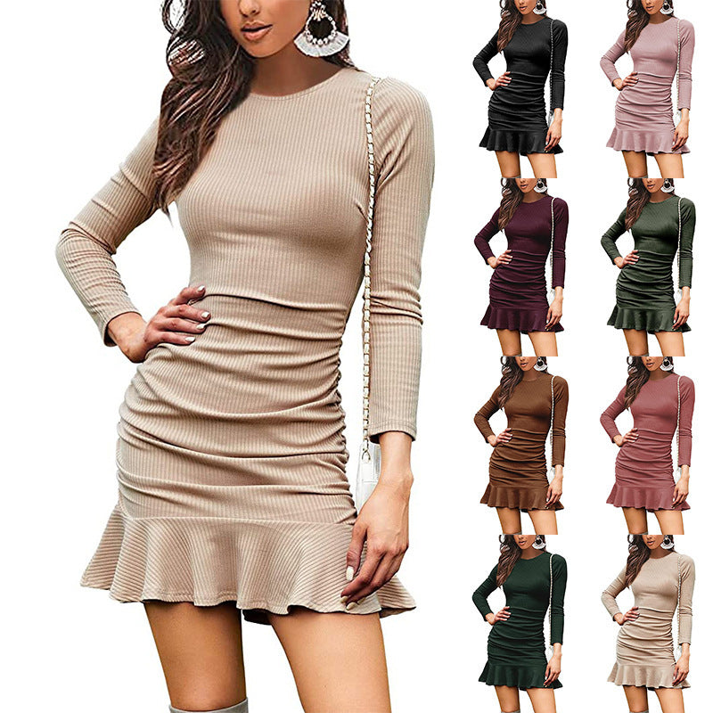 Charming Women's Sexy Knitted Long-sleeved Pleated Dress