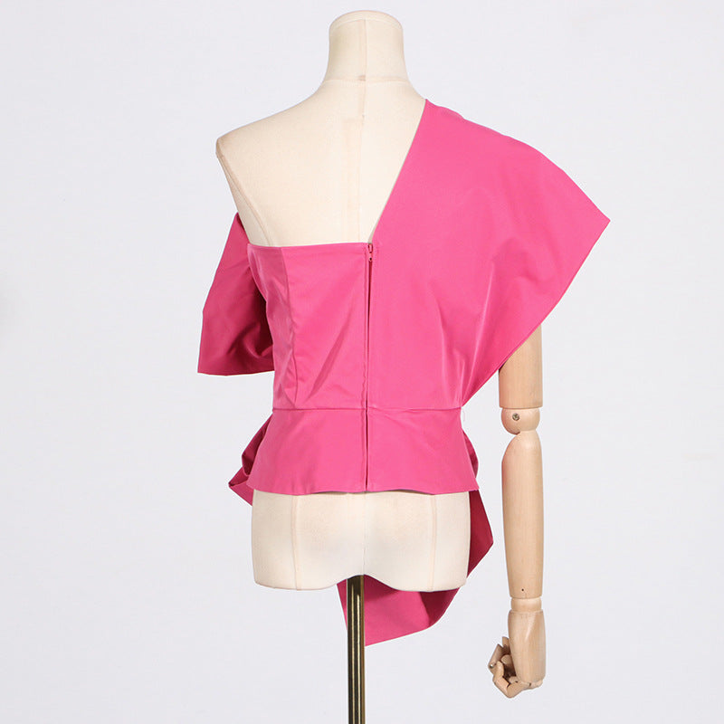 Women's Temperament Pure Color Asymmetric Collar Bow Tops