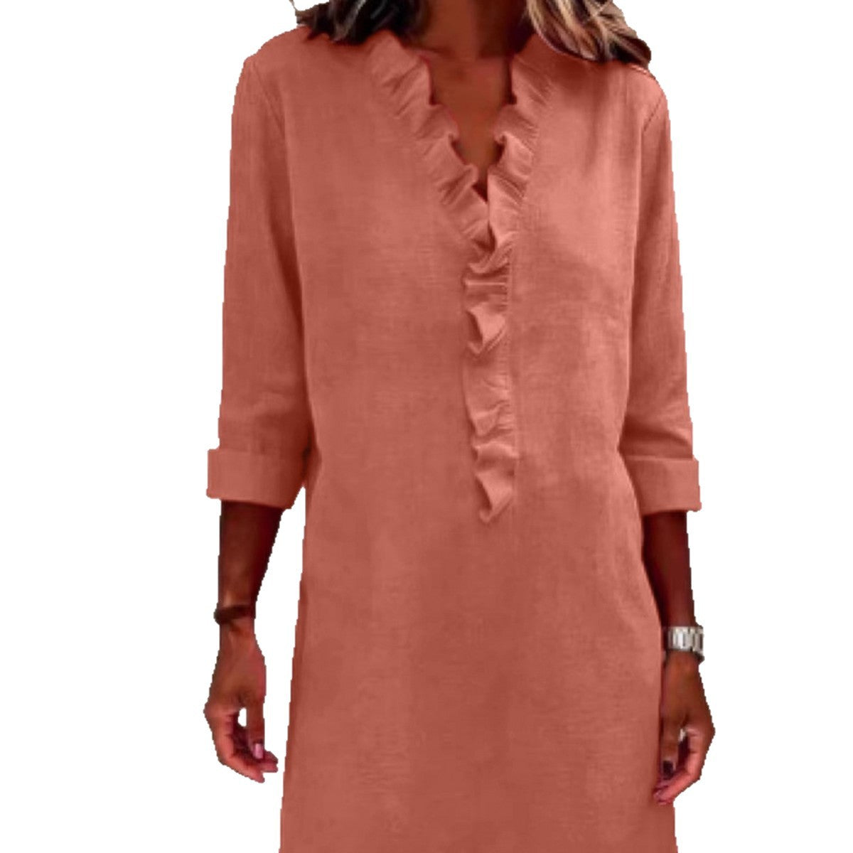 Women's Slimming Wooden Ear Long Sleeve Cotton Linen Dress