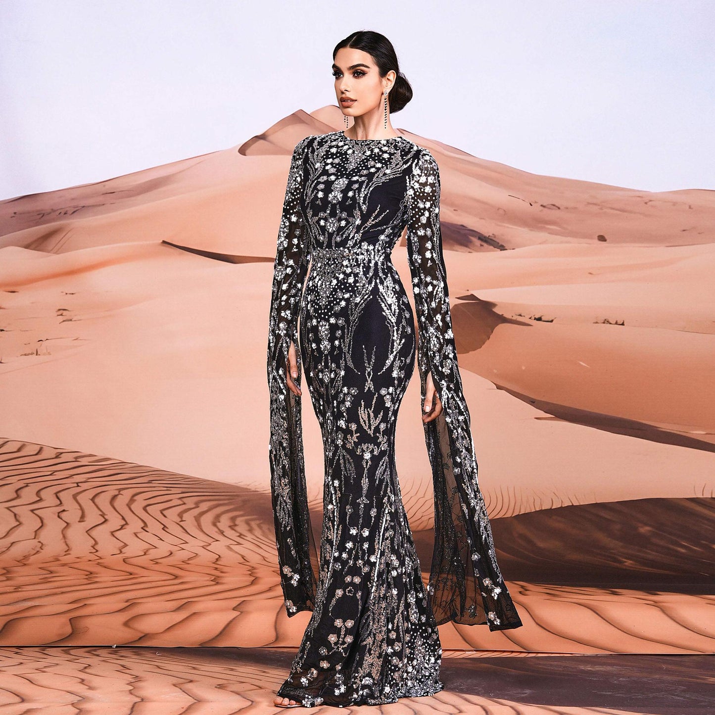 Long Sleeve Temperament Crew Neck Sexy Slim Sequined Party Dresses