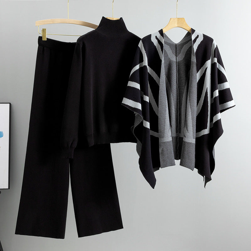 Women's Temperament Idle Style Knitted Shawl Cape Wide Leg Fashion Casual Suit