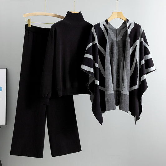 Women's Temperament Idle Style Knitted Shawl Cape Wide Leg Fashion Casual Suit