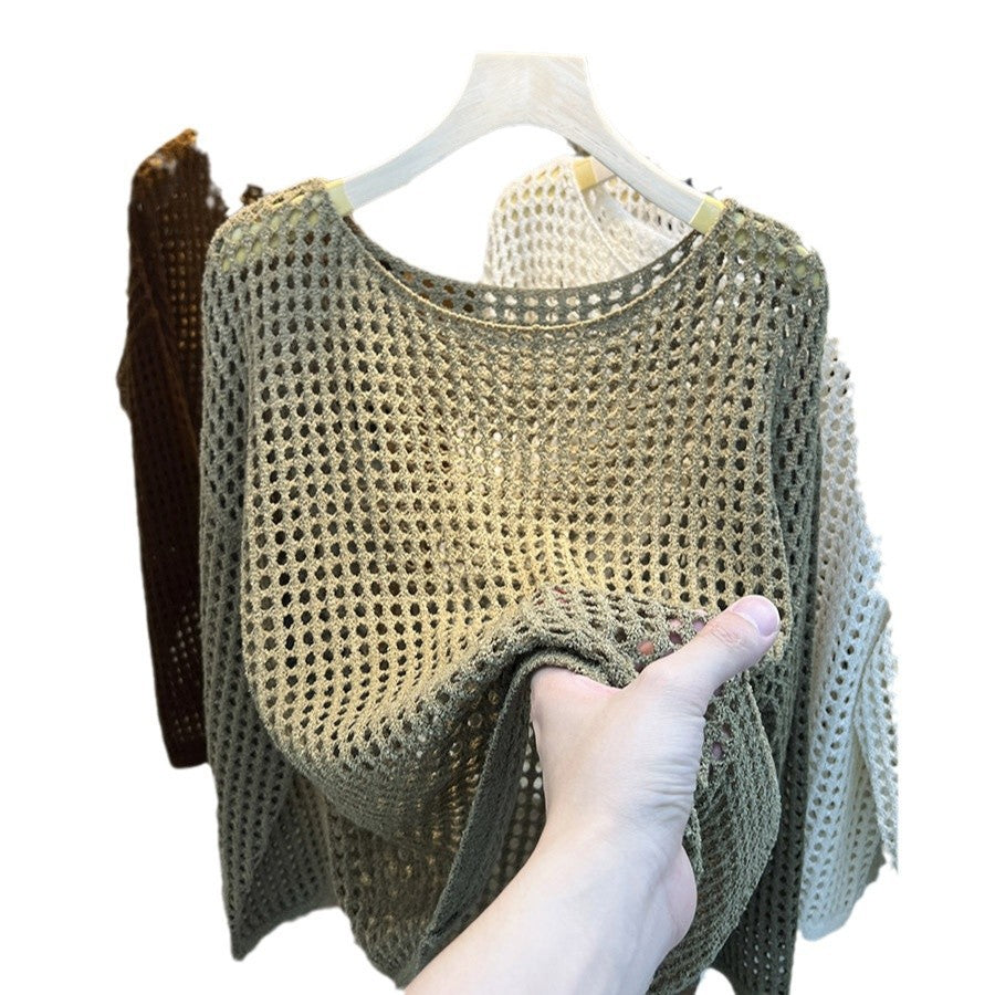 Women's Goods Long Sleeve Hollow Knitted Mesh Shirt Smock Outer Tops