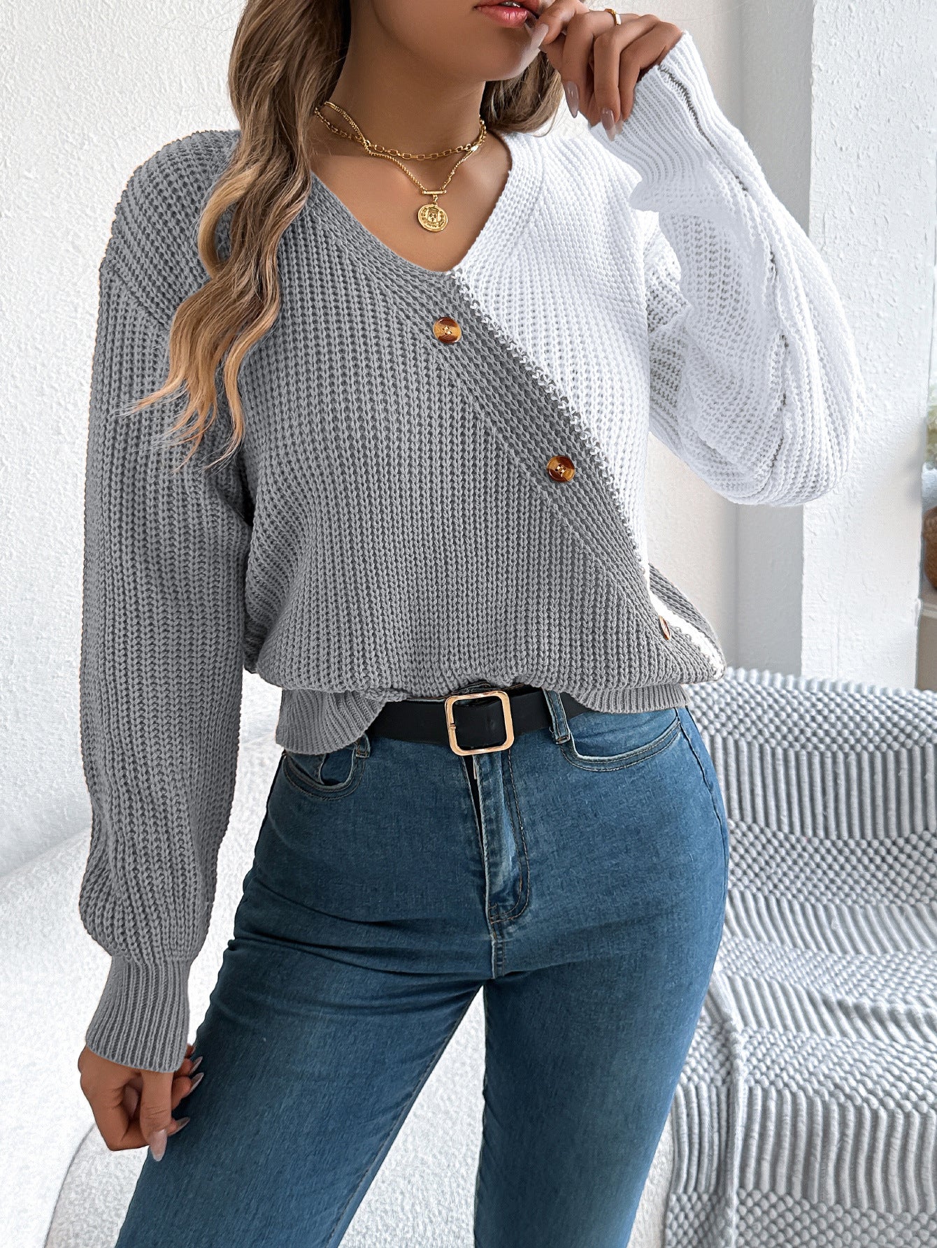 Women's Casual Button Contrast Color Lantern Sleeve Clothing