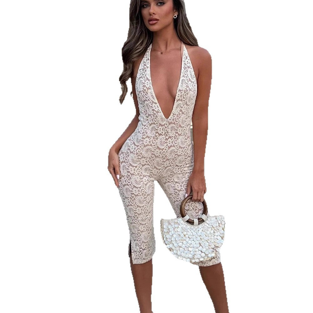 Fashion Lace Patchwork Halter Bare Back Jumpsuits