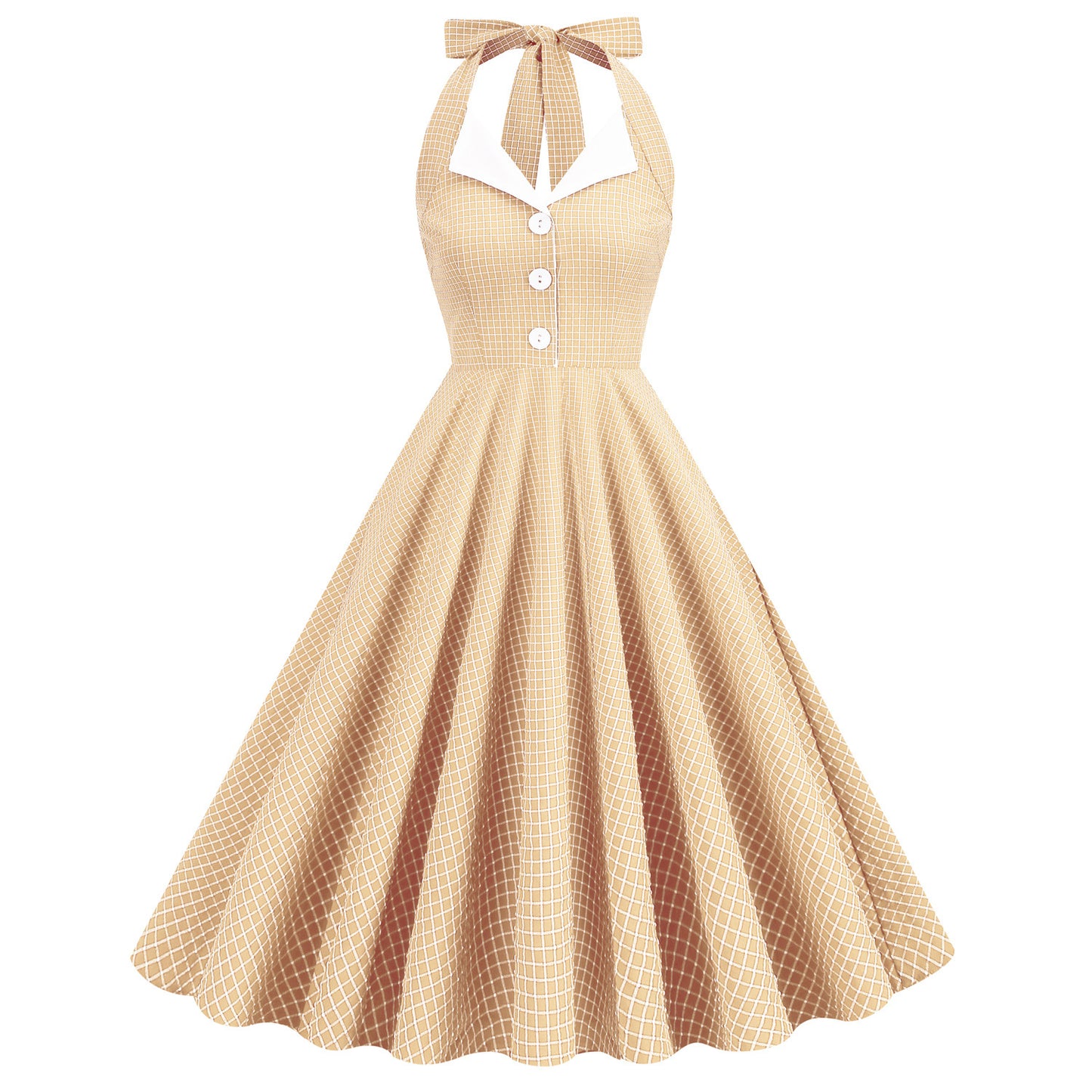 Navy Style Plaid Contrast Color Lapel Halter Large Swing Hepburn Dress