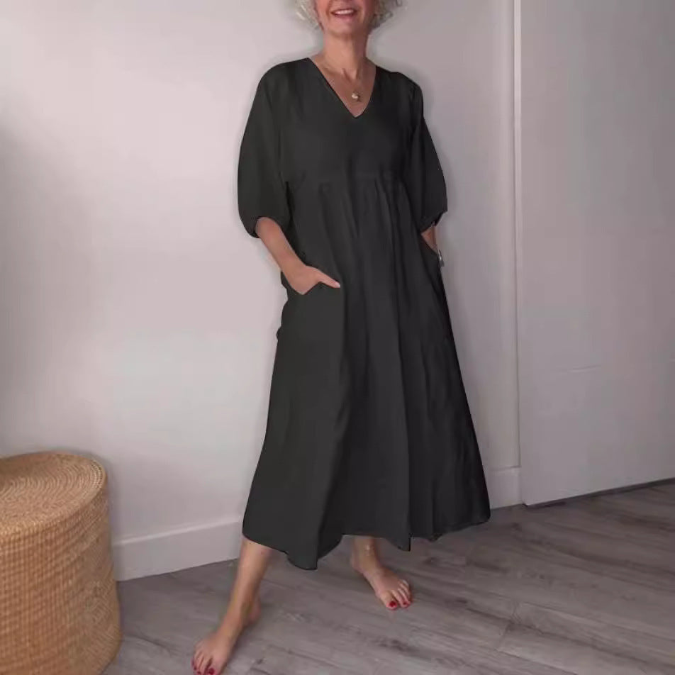 Women's Autumn Cotton Linen Deep Pleated Solid Color Casual Dress