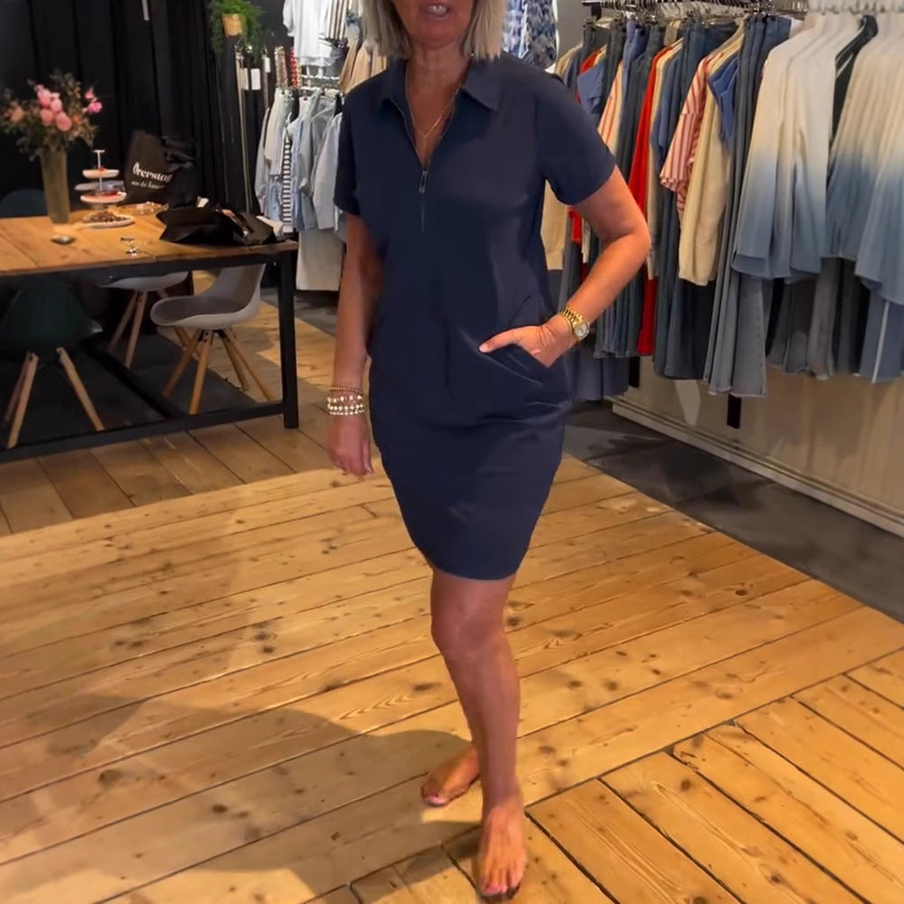 Summer Solid Color Sleeve Lapel Zipper Dress