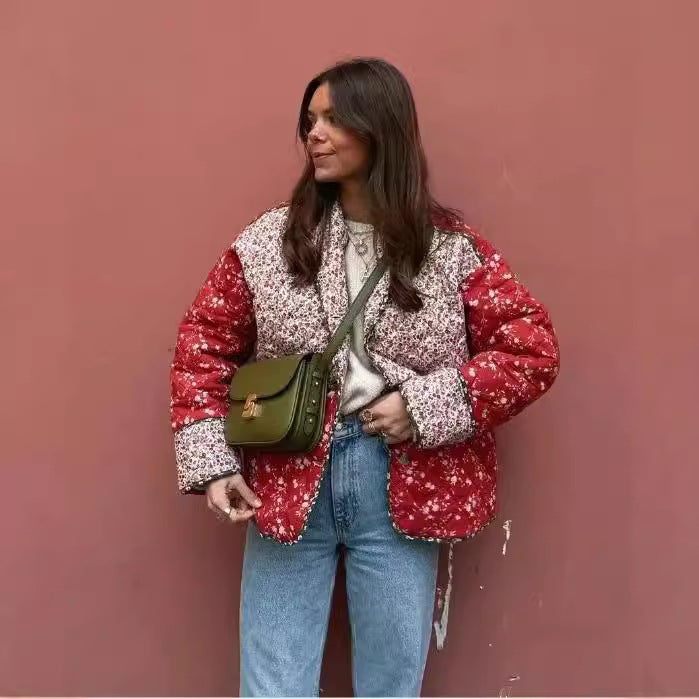 Women's Printing Lapel Contrast Color Casual Loose Coats