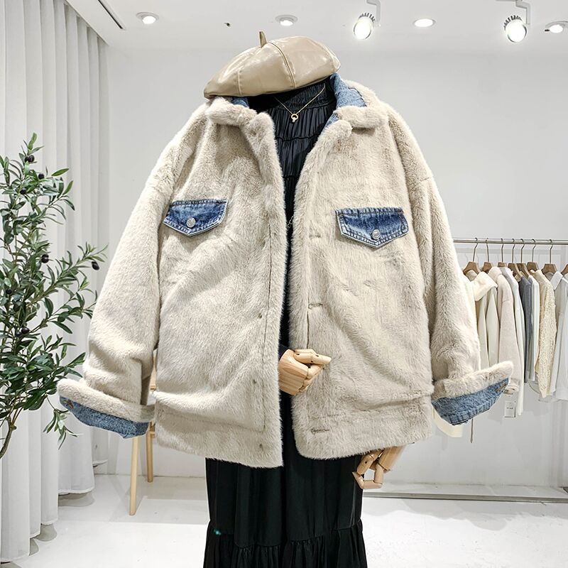 Women's Loose Fleece-lined Denim Casual Single-breasted Reversible Coats
