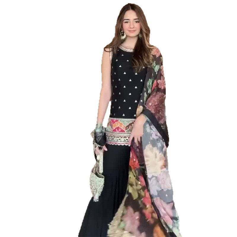 Women's Summer Printed Stitching Shawl Black Fashion Dresses