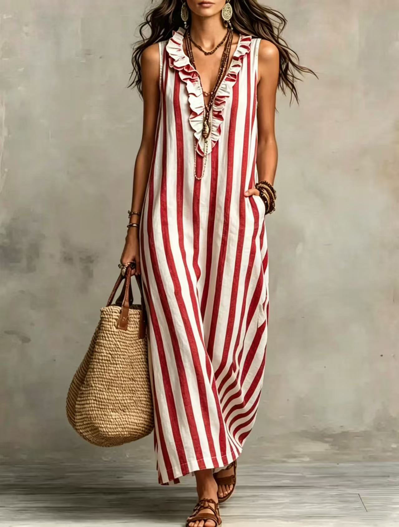Summer Bohemian Style Vertical Stripes Ruffled Dress