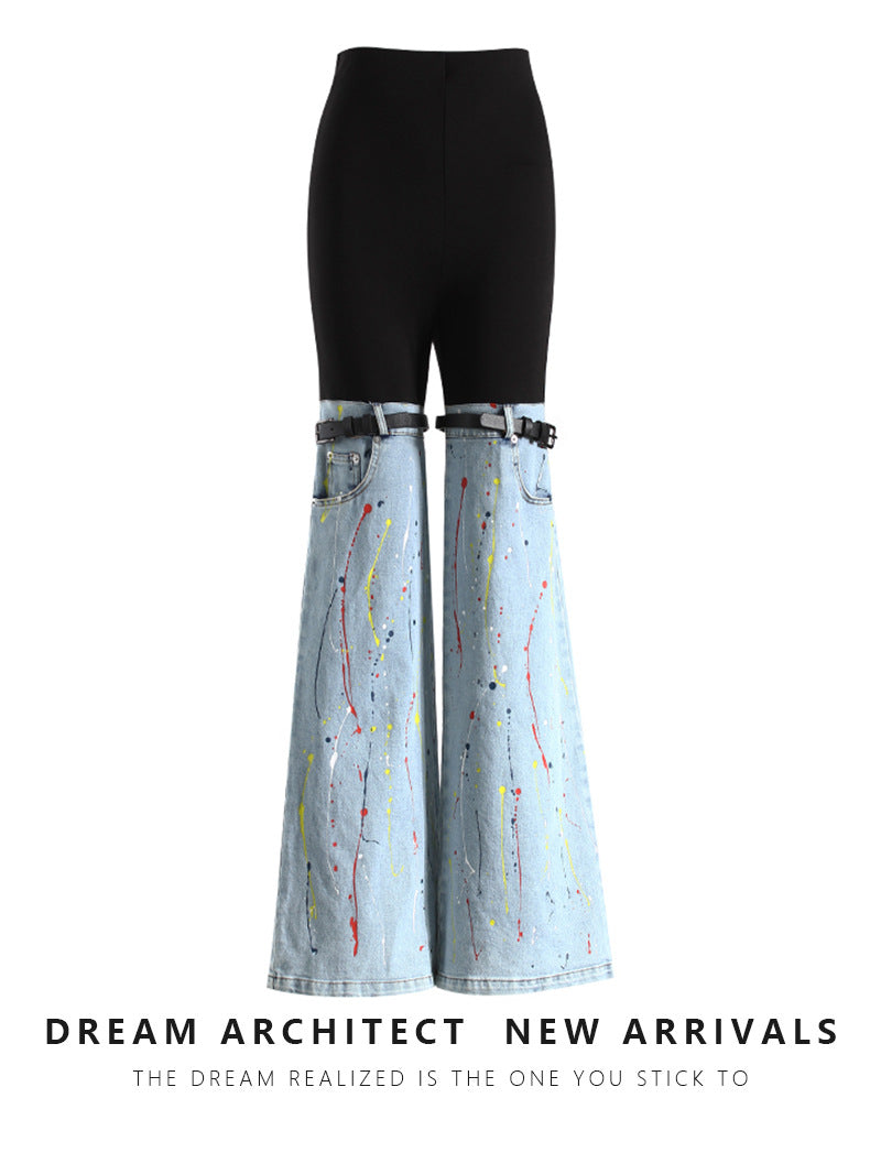 Spring High Waist Stitching Splash Paint Unique Design Jeans