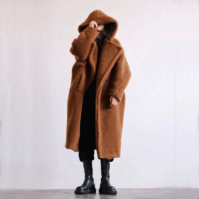 Women's Faux Fur Mid-length Hooded Lapel Fashion Lamb Coats