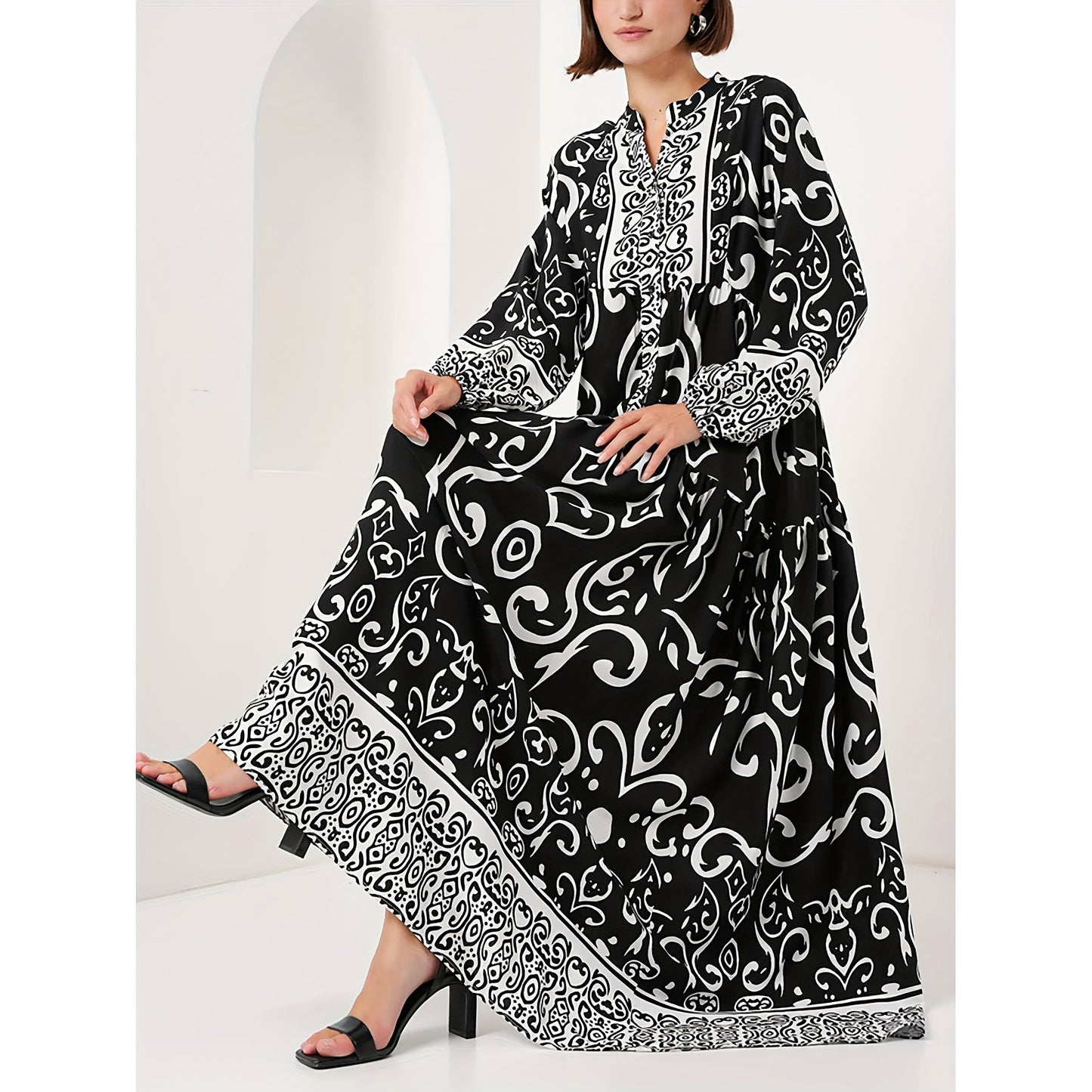 Women's Black Long Robe Elegant Loose Sleeve Dress