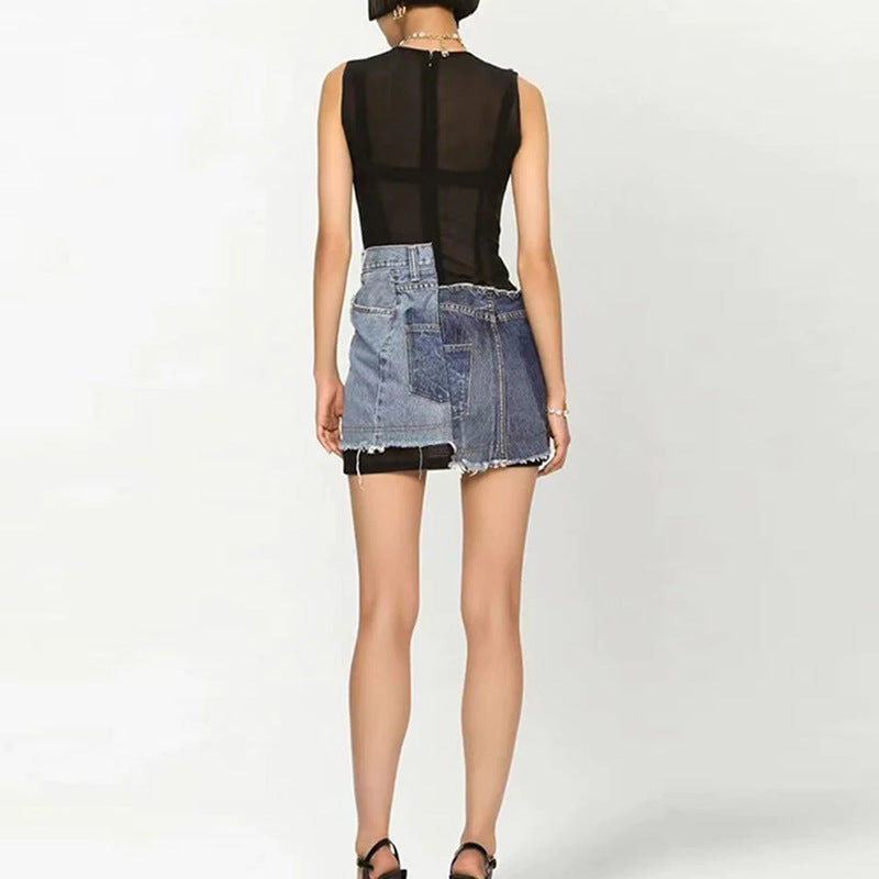 Women's Street Hipster Sleeveless Denim Summer Mesh Stitching Dress