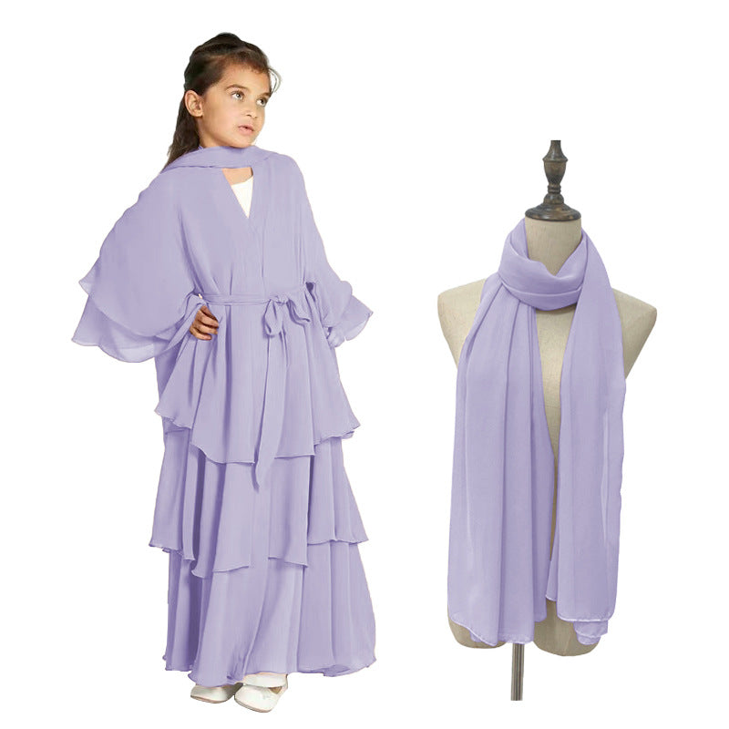 Children's Chiffon Elegant Belted With Scarf Sweet Dress