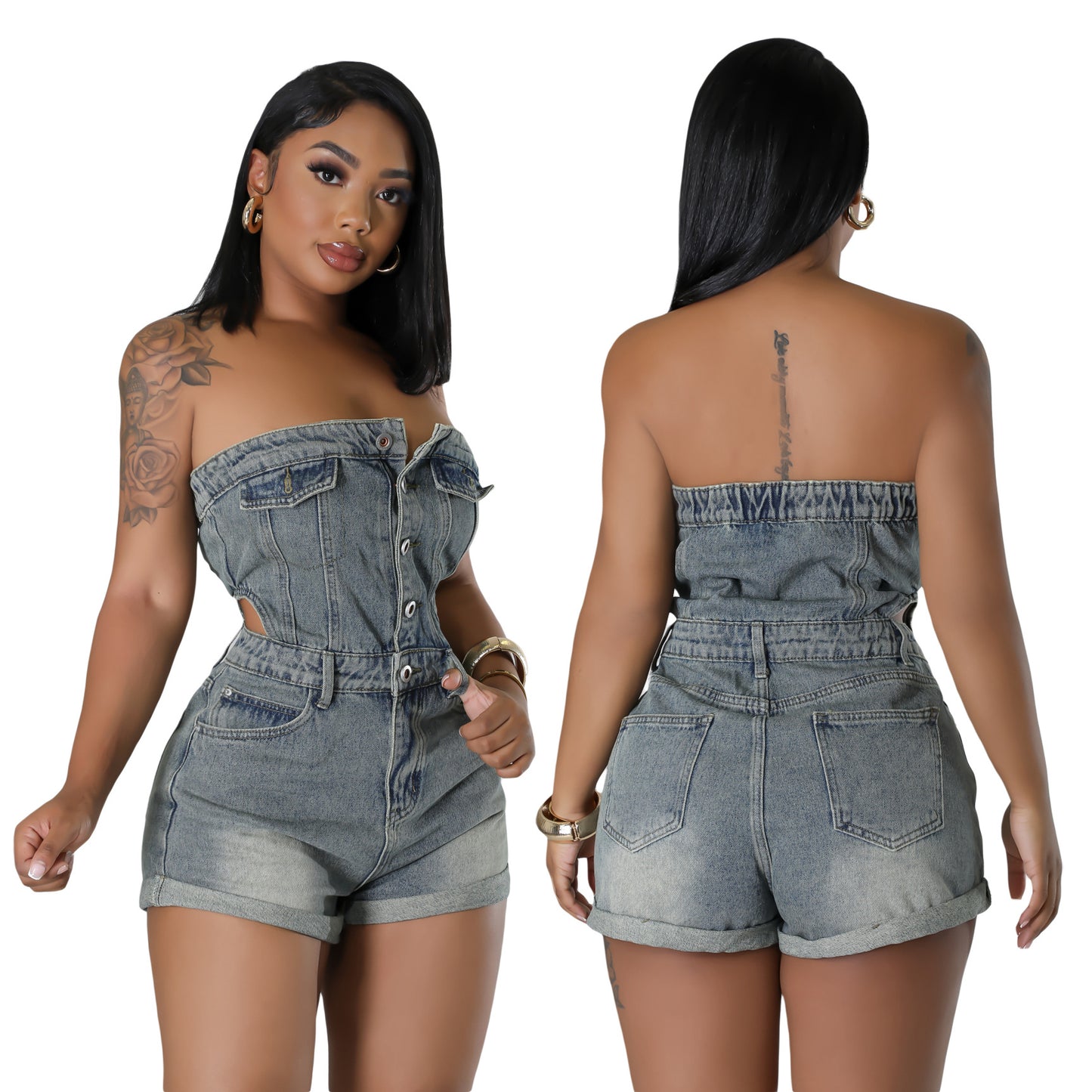 Women's Casual Fashion Tube Slim Fit Denim Jumpsuits