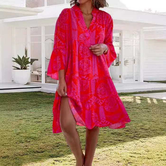 Classic Women's Flared Sleeves Cake Stitching Dress