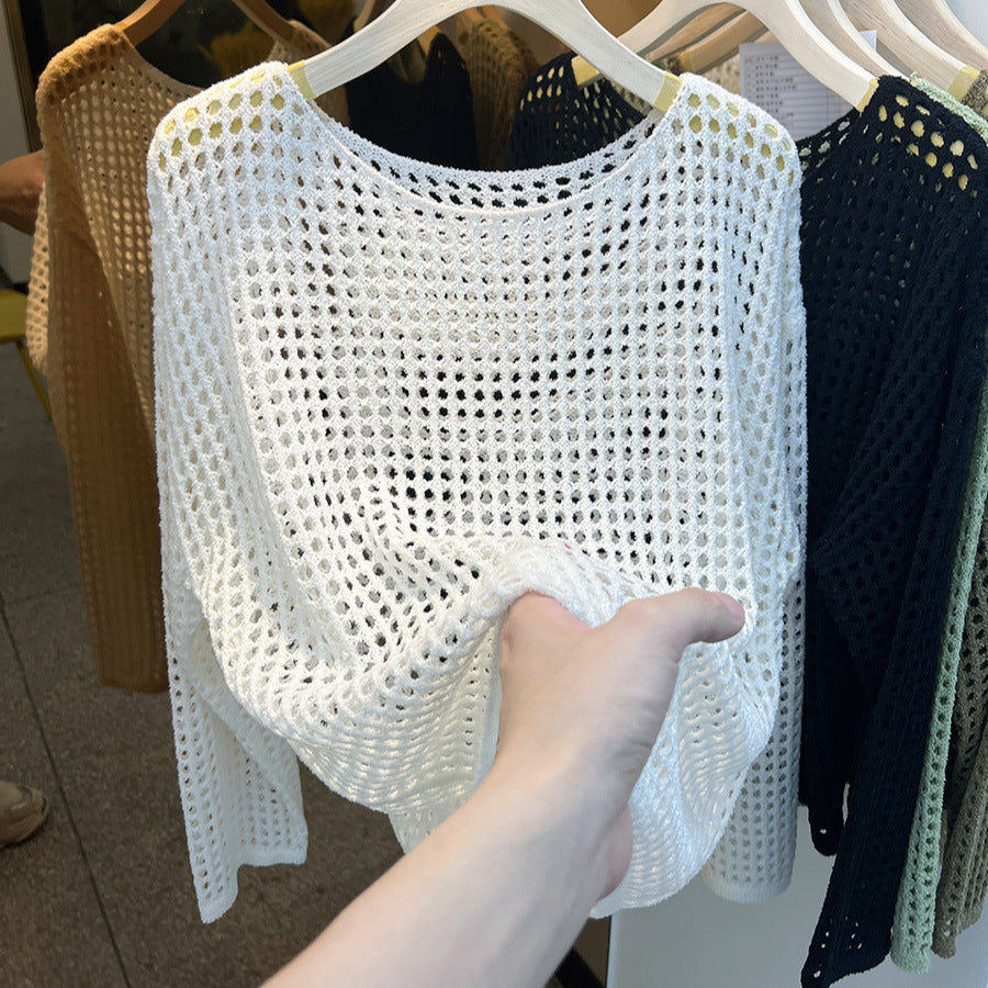 Women's Goods Long Sleeve Hollow Knitted Mesh Shirt Smock Outer Tops