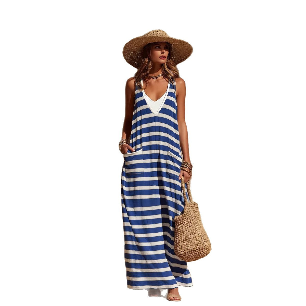 Sailing Style Blue White Striped Imitation Dress
