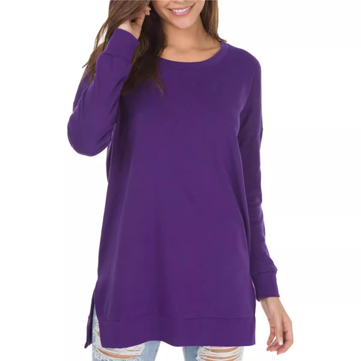 Women's Popular Slit Loose Round Neck Long Blouses