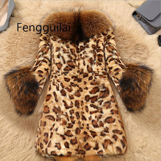 Women's Leopard Print Faux Raccoon Collar Artificial Coats