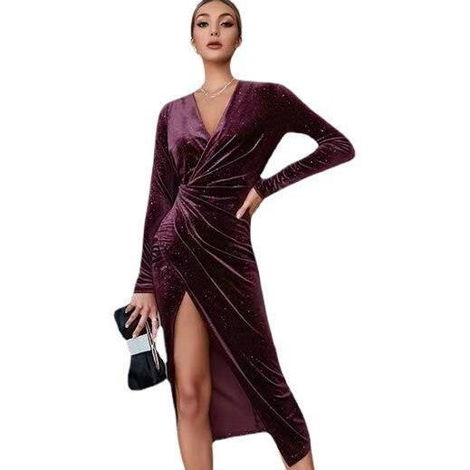 Sexy Long Sleeve Mid-length Gold Veet Dress