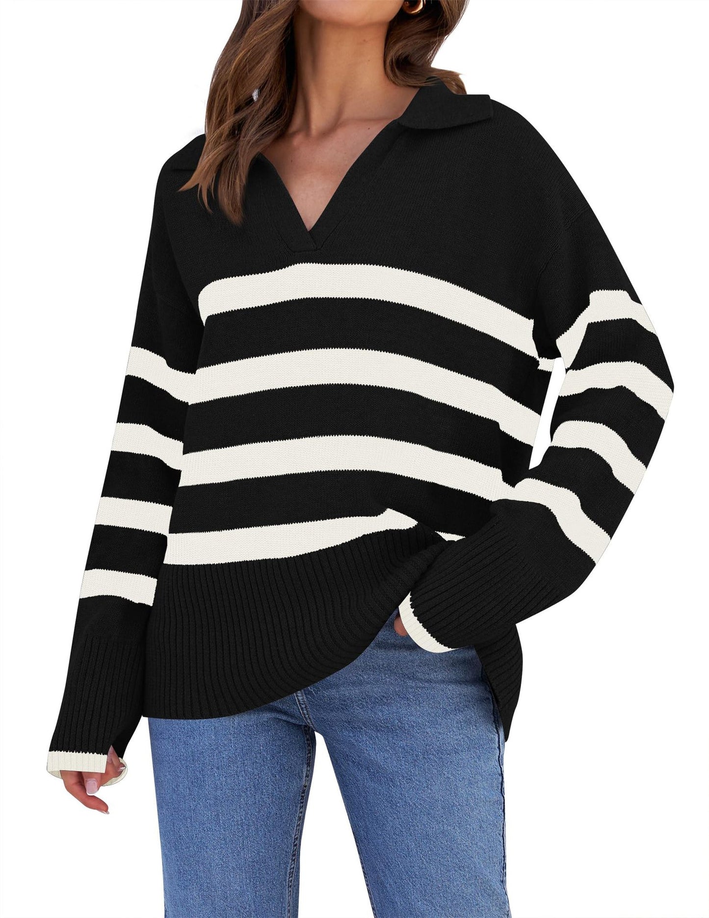 Women's Basic Loose Long Sleeve Outerwear Striped Polo Collar Sweater