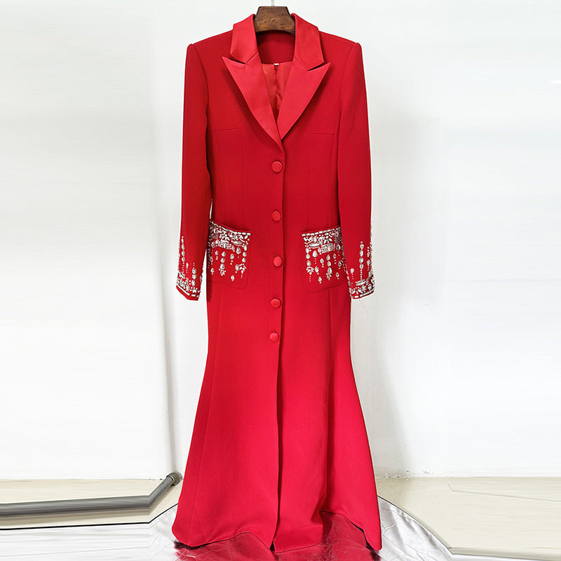 Fashion Bead Diamond Tailored Collar Red Dress