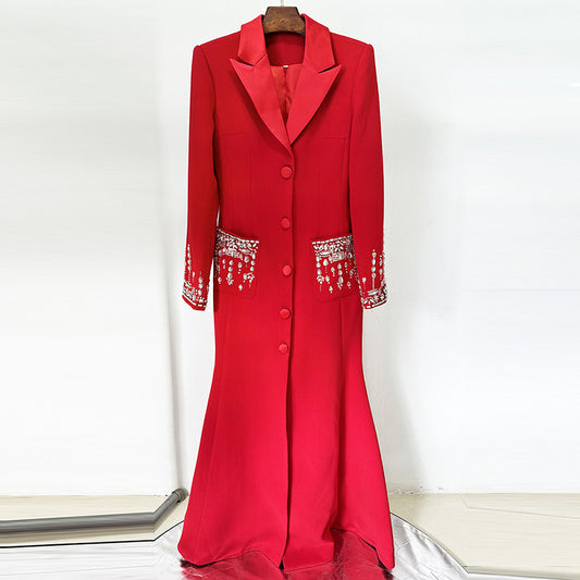 Fashion Bead Diamond Tailored Collar Red Dress