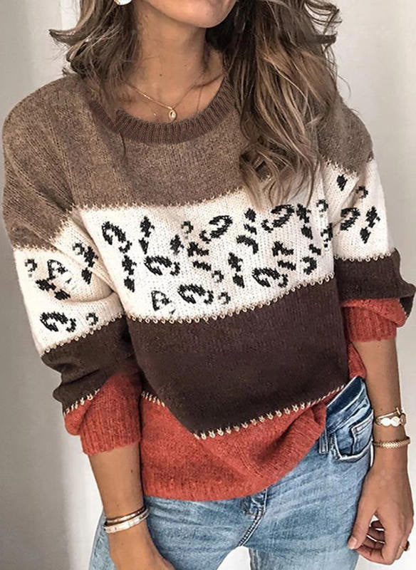 Spring Personality Leopard Splicing Fashionable Knitted Pullover Knitting Women's Sweater