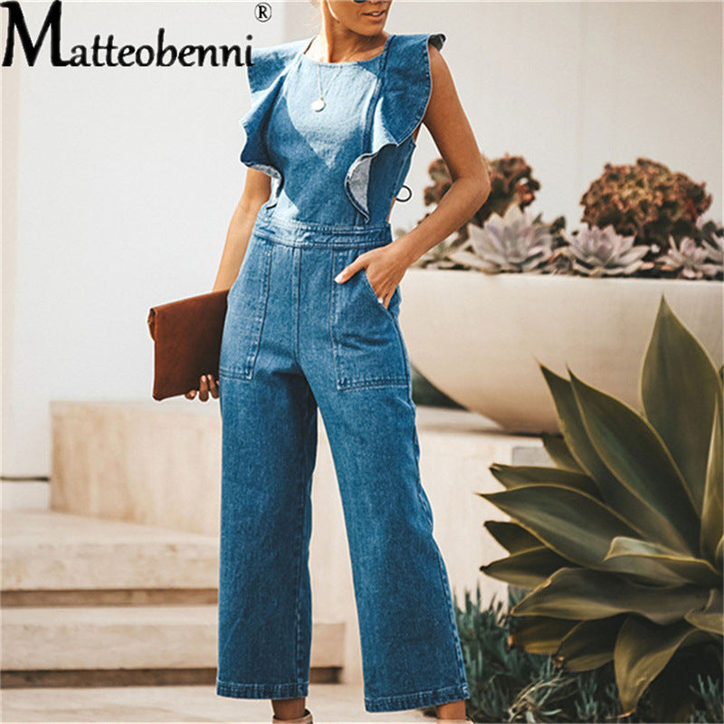 Women's Solid Color Slim Round Neck Denim Jumpsuits