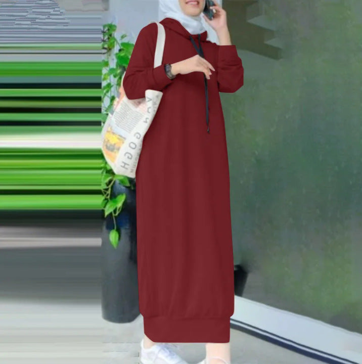 Women's Autumn Solid Color Plush Hooded Drawstring Loose Casual Long Dress